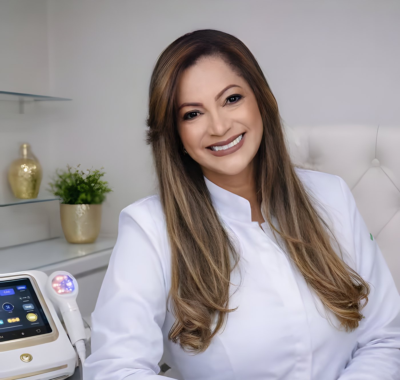 Viviane Abreu de jaleco no consultório